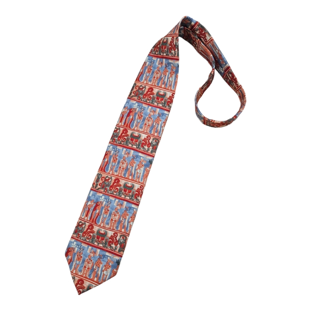 PINEDA COVALIN Salmon/Blue TEMPLE OF BONAMPAK Silk LUXURY Tie MEXICO